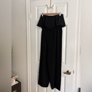Women’s black strapless ruffle wide-leg jumpsuit